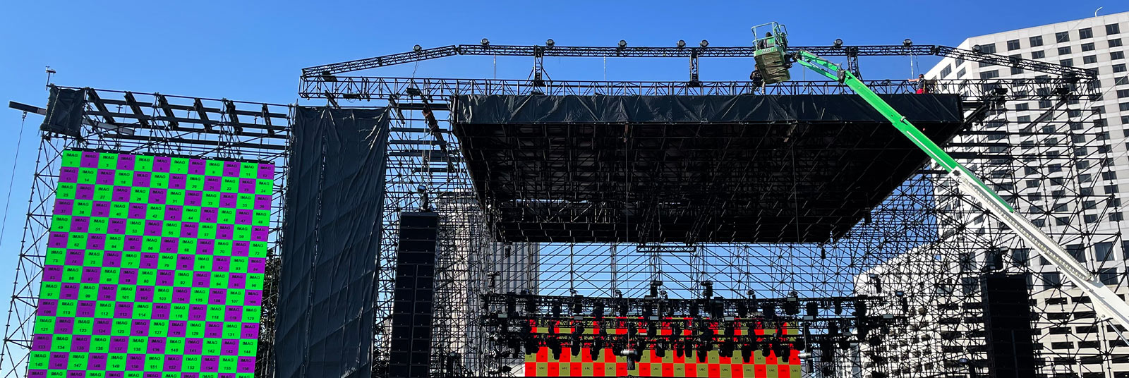 The temporary stage under construction for the 2022 March Madness Music Festival in New Orleans, Louisiana.
