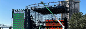 The temporary stage under construction for the 2022 March Madness Music Festival in New Orleans, Louisiana.