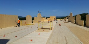 Roof of a hotel built of Cross Laminated Timber (CLT) panel floors and walls under construction.