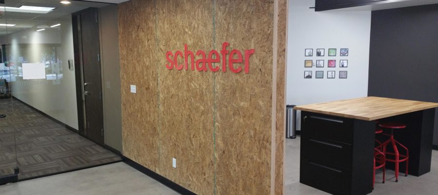 The dimensional graphic installed at the front of the Schaefer Phoenix office.