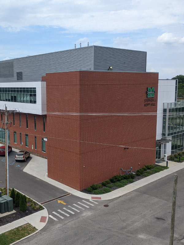 Aerial shot of the new School of Pharmacy at Marshall University.
