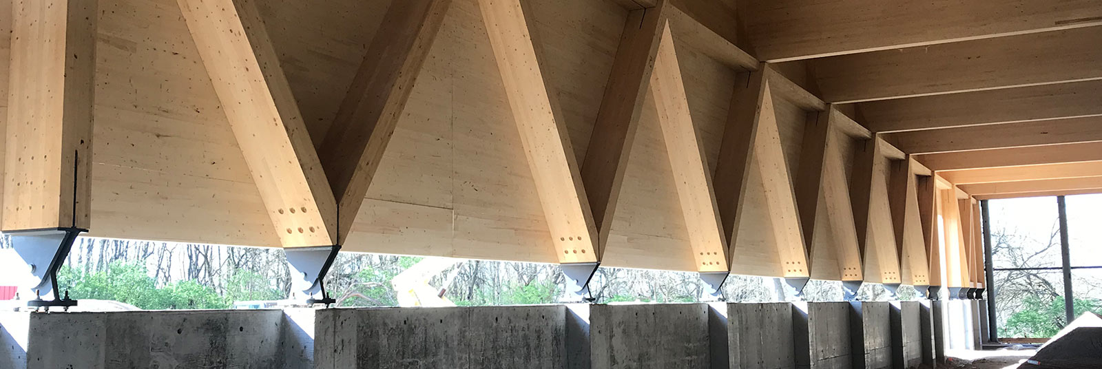 Close-up of the CLT and glulam structure at the Salvagnini addition in Hamilton, Ohio.