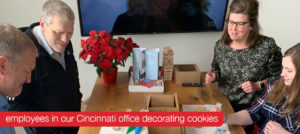 Employees in the Cincinnati office decorating cookies for Schaefer's 2019 Cookies for a Cause campaign.
