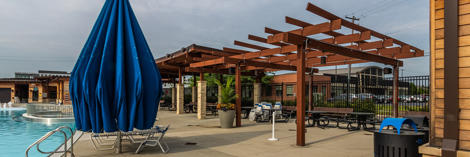 View of the pergolas surrounding the Grandview Heights pool.