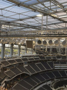 View of the truss system inside the SoFi Stadium in Los Angeles, California.