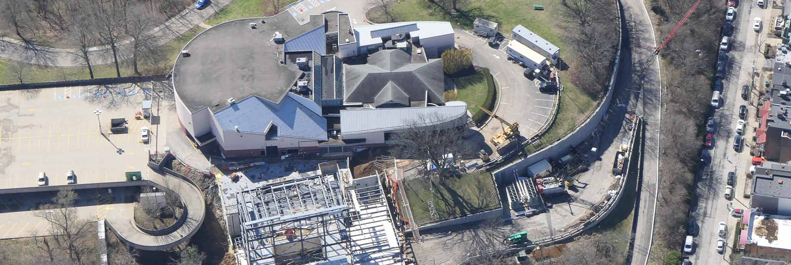 Aerial shot of the construction progress at the new Playhouse in the Park in Eden Park in Cincinnati, Ohio.