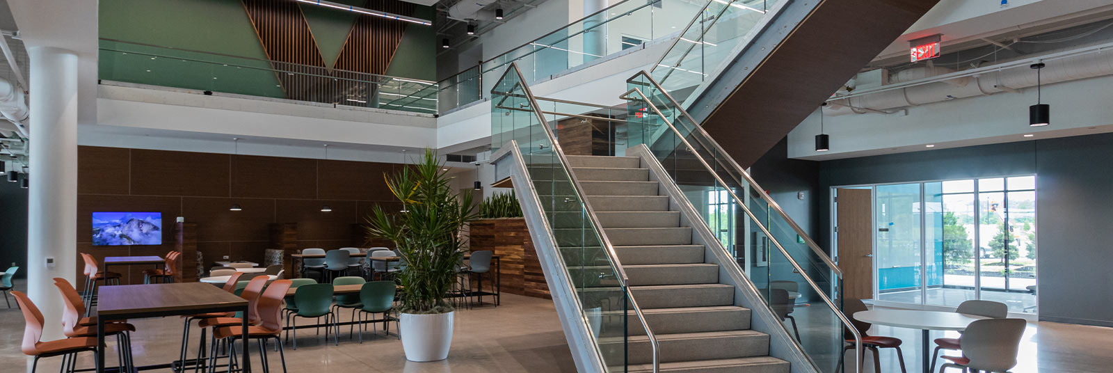Monumental staircase at the new VEGA Americas headquarters.
